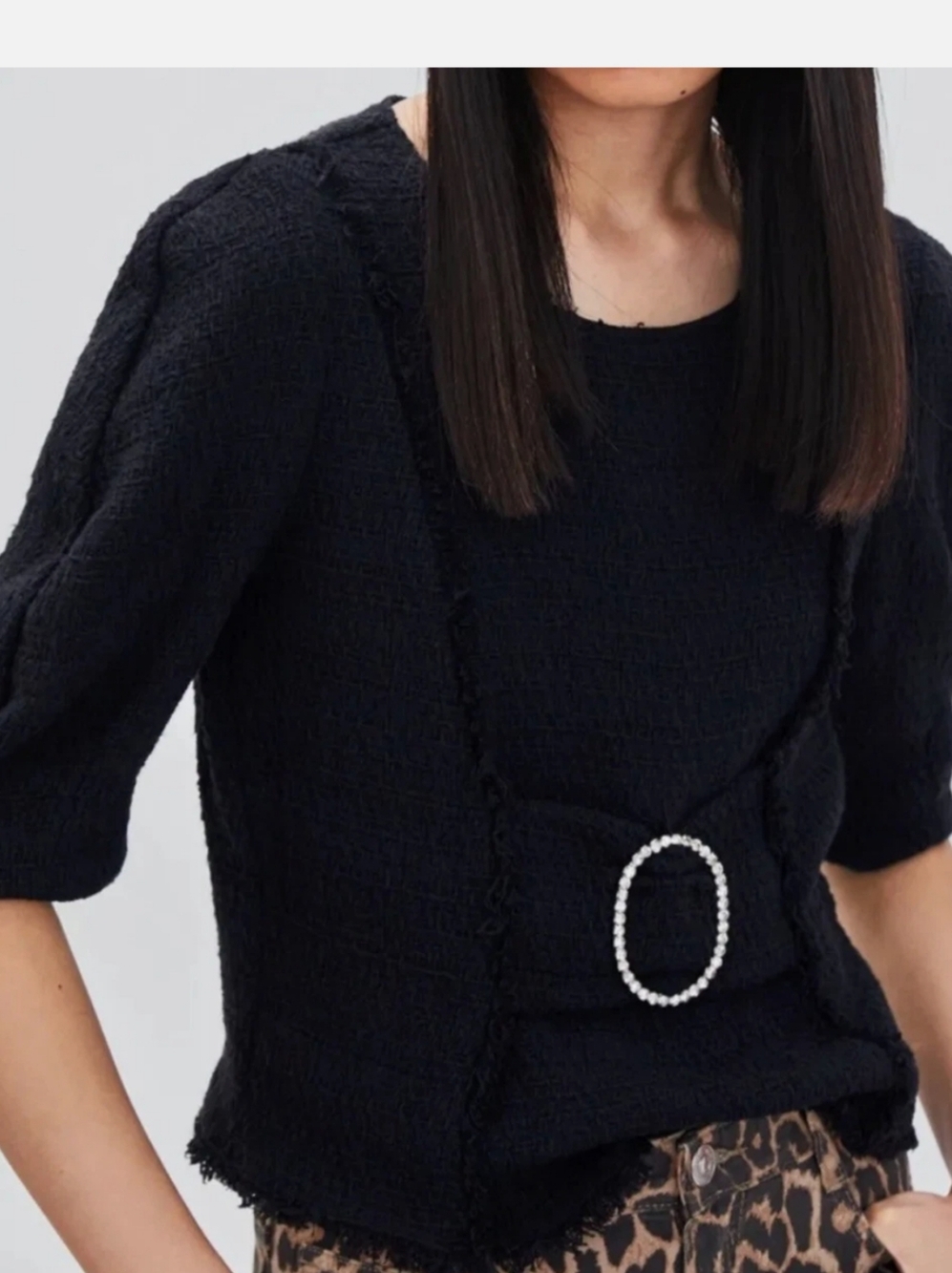 ZARA trf Black Tweed Diamond Buckle Blouse Top - Size Small
